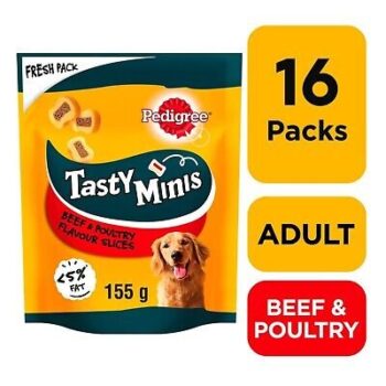 16 x 155g Pedigree Tasty Bites Minis Dog Treats Chewy Slices Beef & Poultry