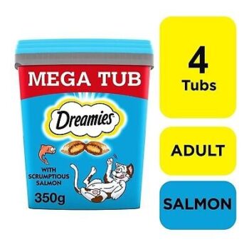 4 x 350g Dreamies Adult Cat Treats Tubs Tub With Salmon Cat Biscuits