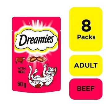 8 x 60g Dreamies Adult 1+ Cat Treats Beef Cat Biscuits 480g