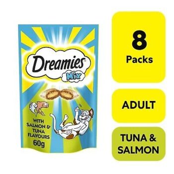 8 x 60g Dreamies Mix Adult Cat Treats Salmon & Tuna Cat Biscuits 480g Total